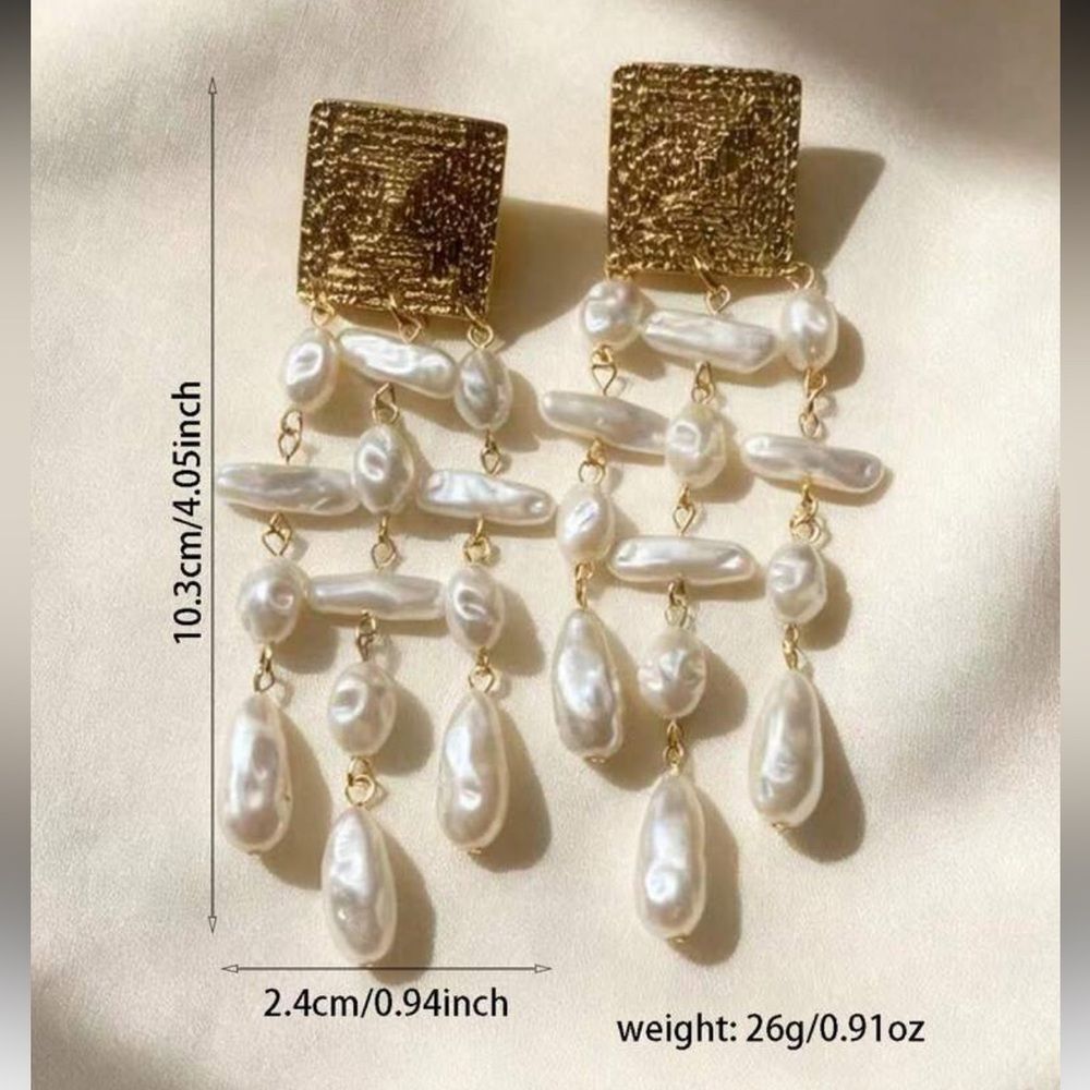 Gold and White Pearl Drop Statement Earrings - Women Jewelry R 396 - Picture 2 of 4